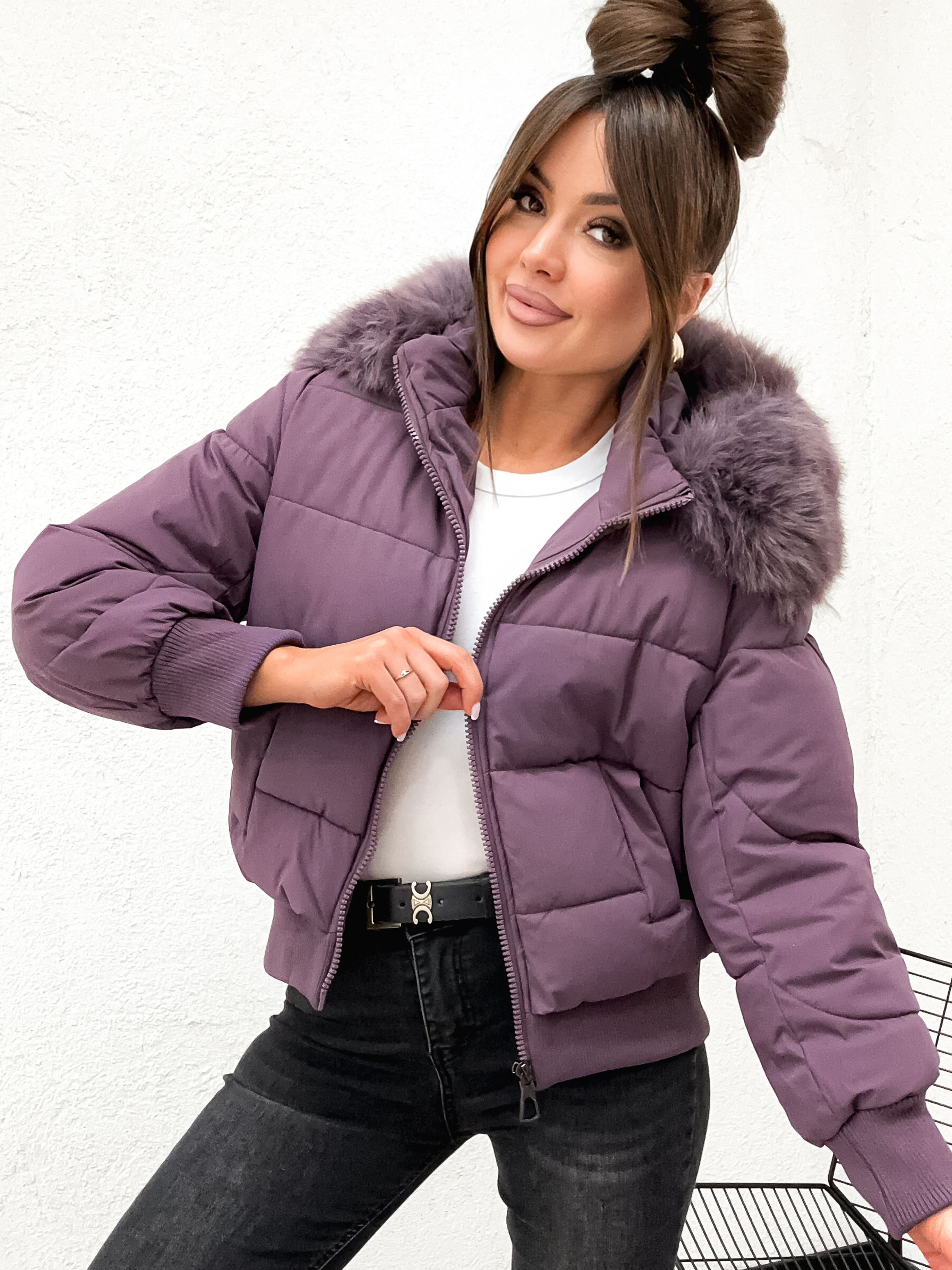 Zimowa pikowana  kurtka damska z kapturem OVERSIZE 8288 -  FIOLET